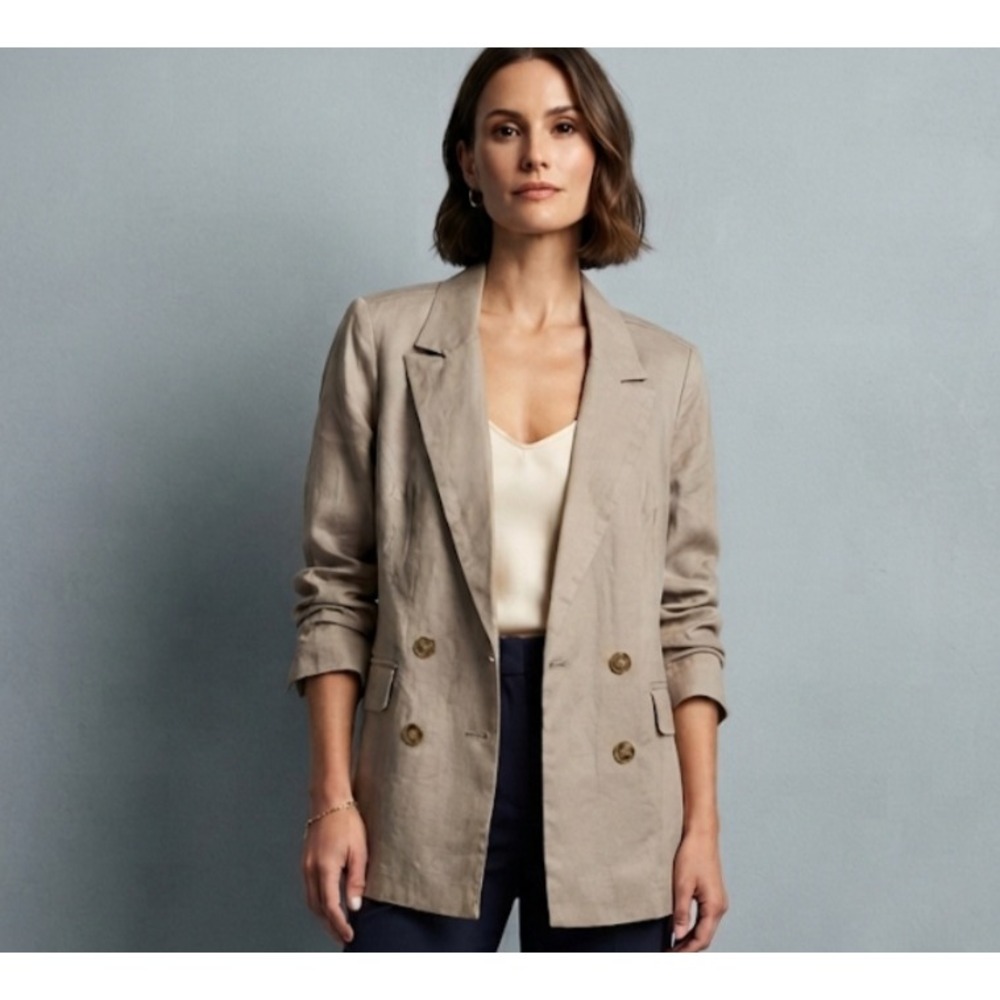 Evereve Alexa Double Breasted Blazer Safari Tan Herringbone Linen Blend Small NW